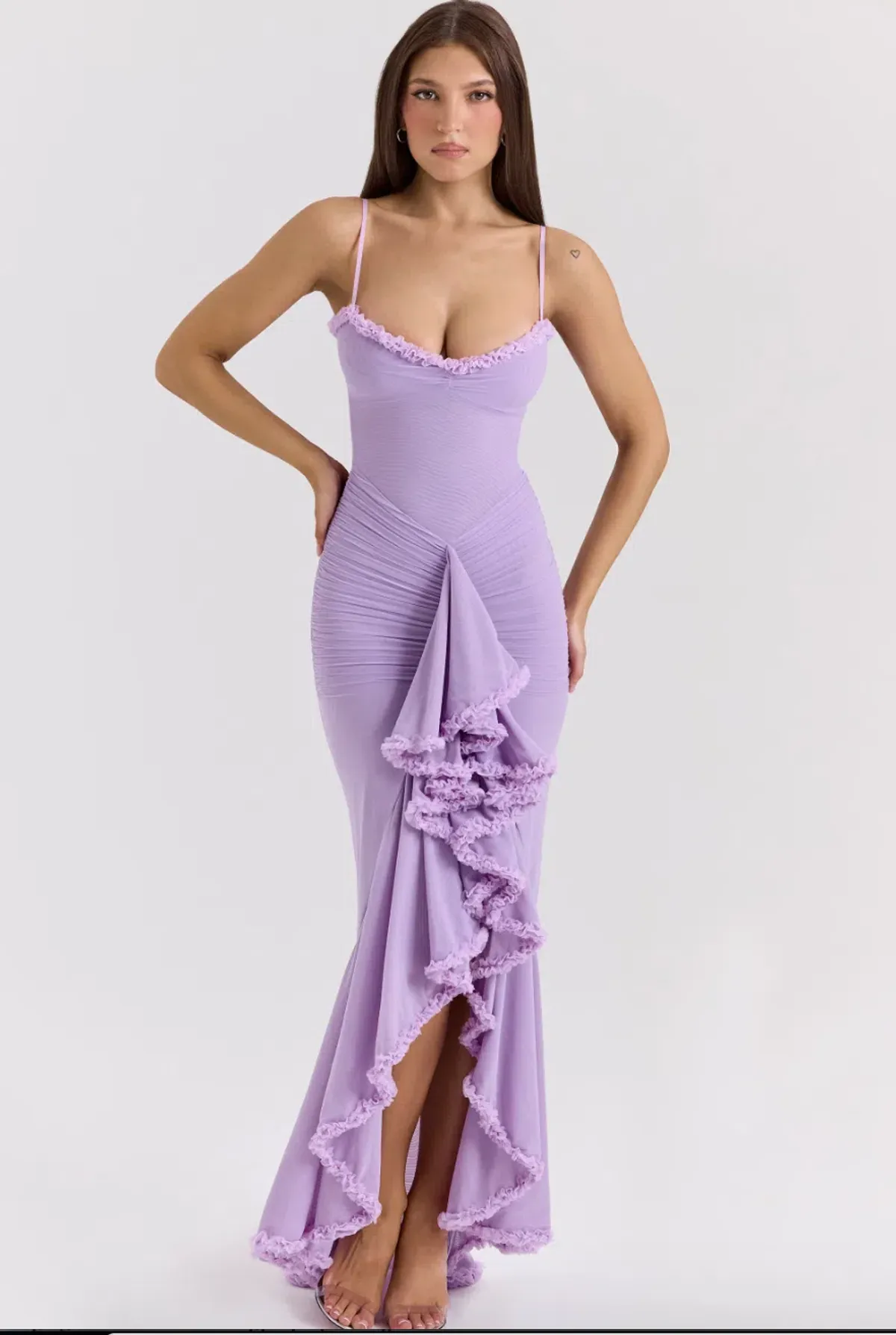 House of CB Gabbi Orchid Mesh Ruffled Front Gown Purple Lilac Size S AU 8 - Image 1
