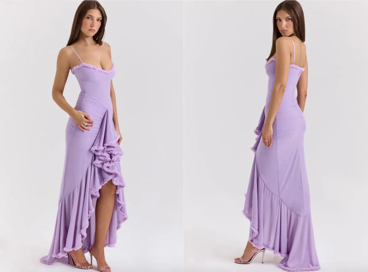 House of CB Gabbi Orchid Mesh Ruffled Front Gown Purple Lilac Size S AU 8 - Image 3