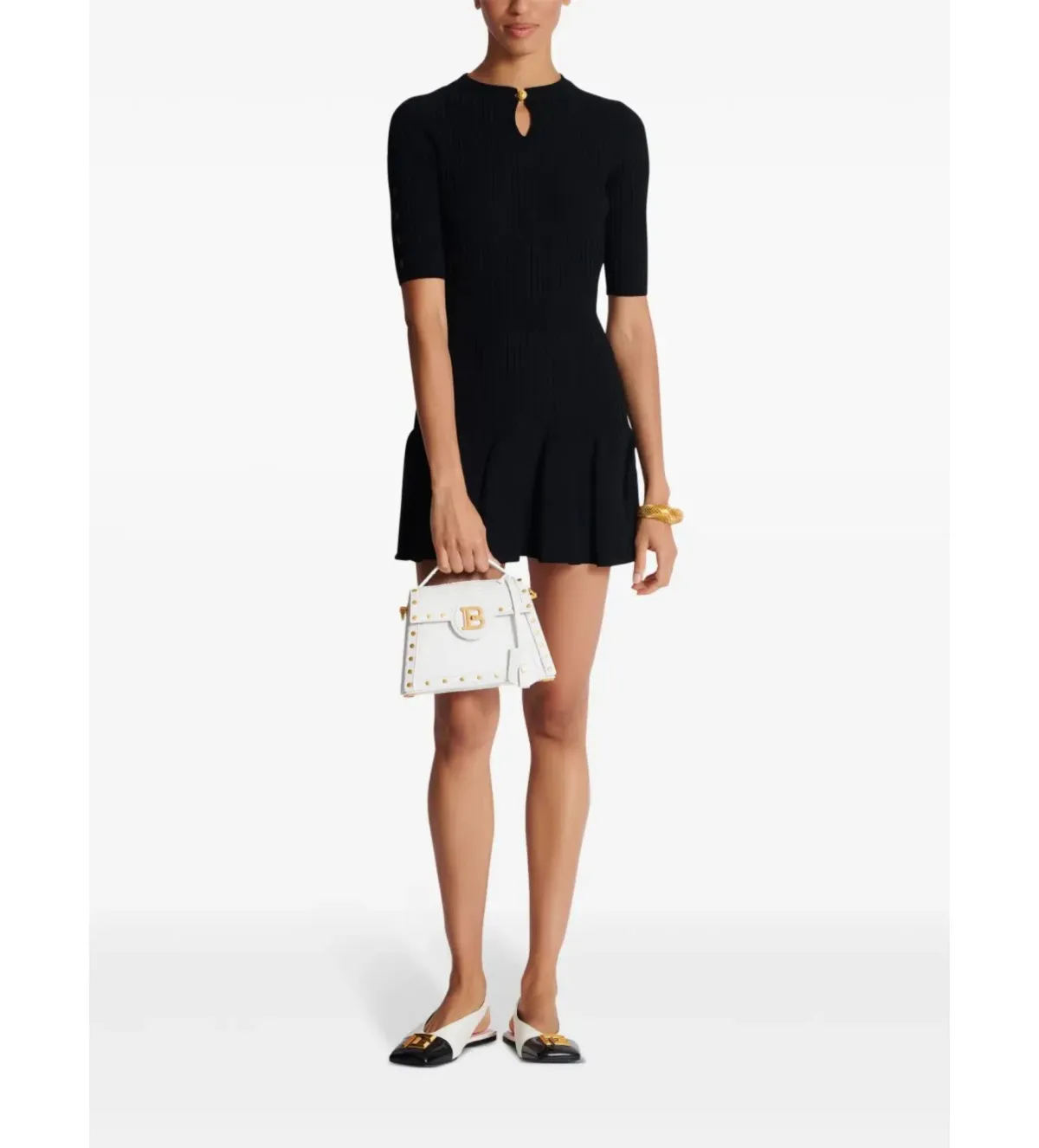 Balmain Round Neck Pleated Ribbed-Knit Skater Mini Dress Black Size AU 10 - Image 1