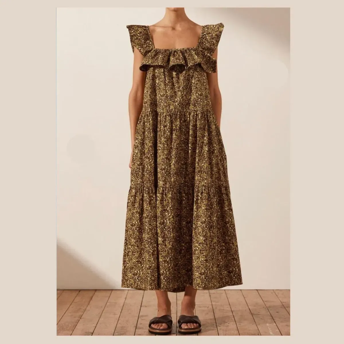 Shona Joy Lilou Ruffle Square Neck Midi Dress Floral Size 10 - Image 1