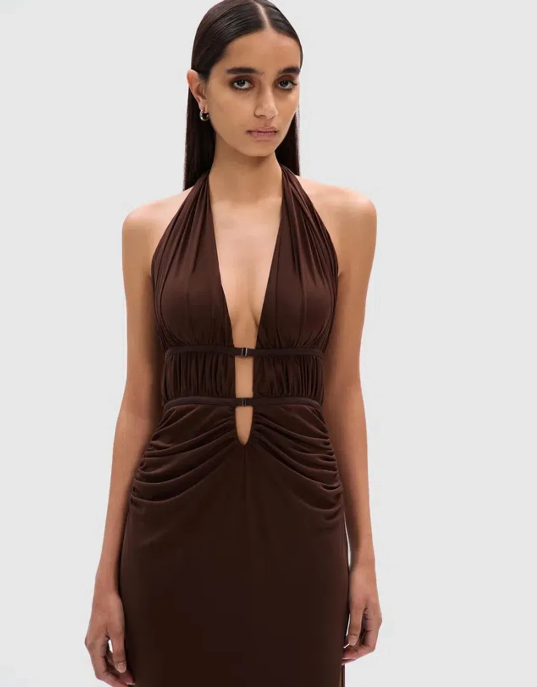 Misha Celine Mesh Midi Dress Espresso Size 6/XS for rent on The Volte - main image