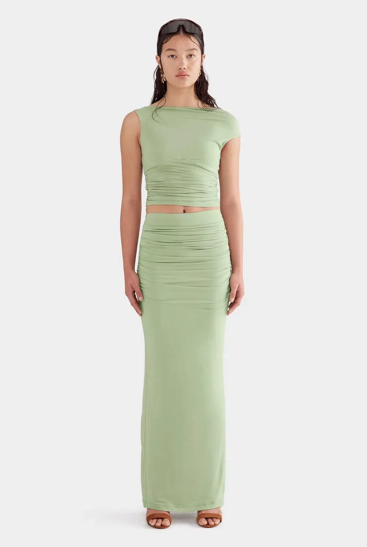 Venroy Drapped Jersey Top and Skirt Set in Mint Green Size M/AU 10 - Image 1