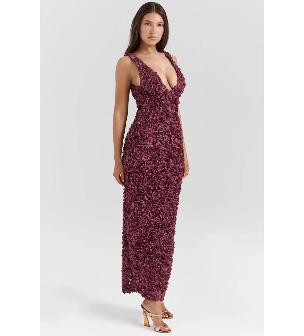 House Of CB Carena Merlot Plunge Floral Appliqué Maxi Dress in Burgundy Size XL/ AU 14 - Image 4