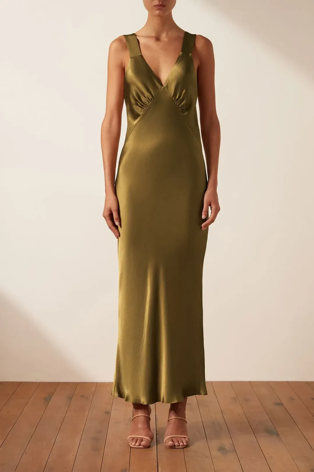 Shona Joy Giorgia Plunged Midi Dress in Olive Oil Size 10 for rent on The Volte - main image