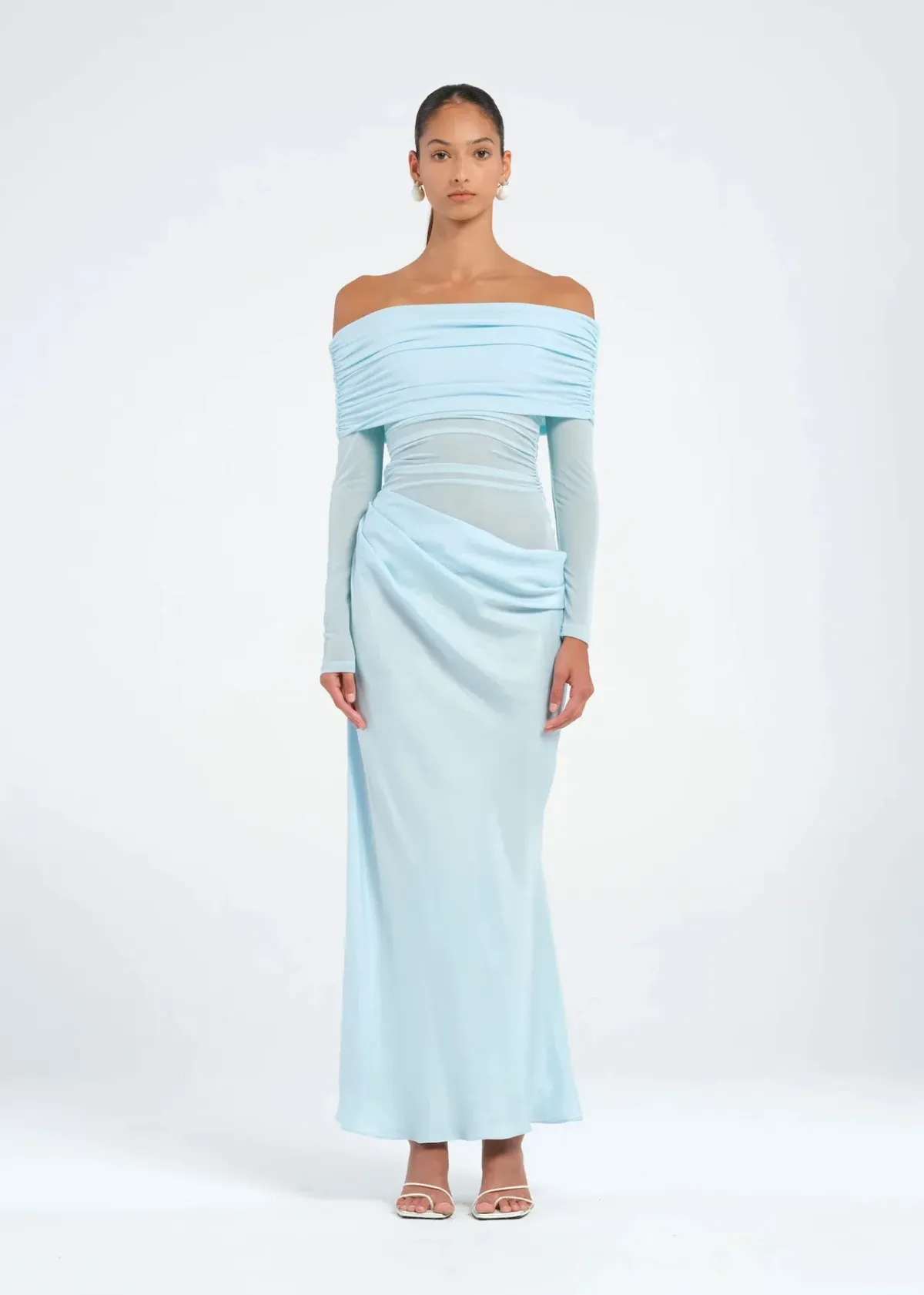 Benni Yasmin Off Shoulder Maxi Dress Baby Blue Size AU 10 for rent on The Volte - main image