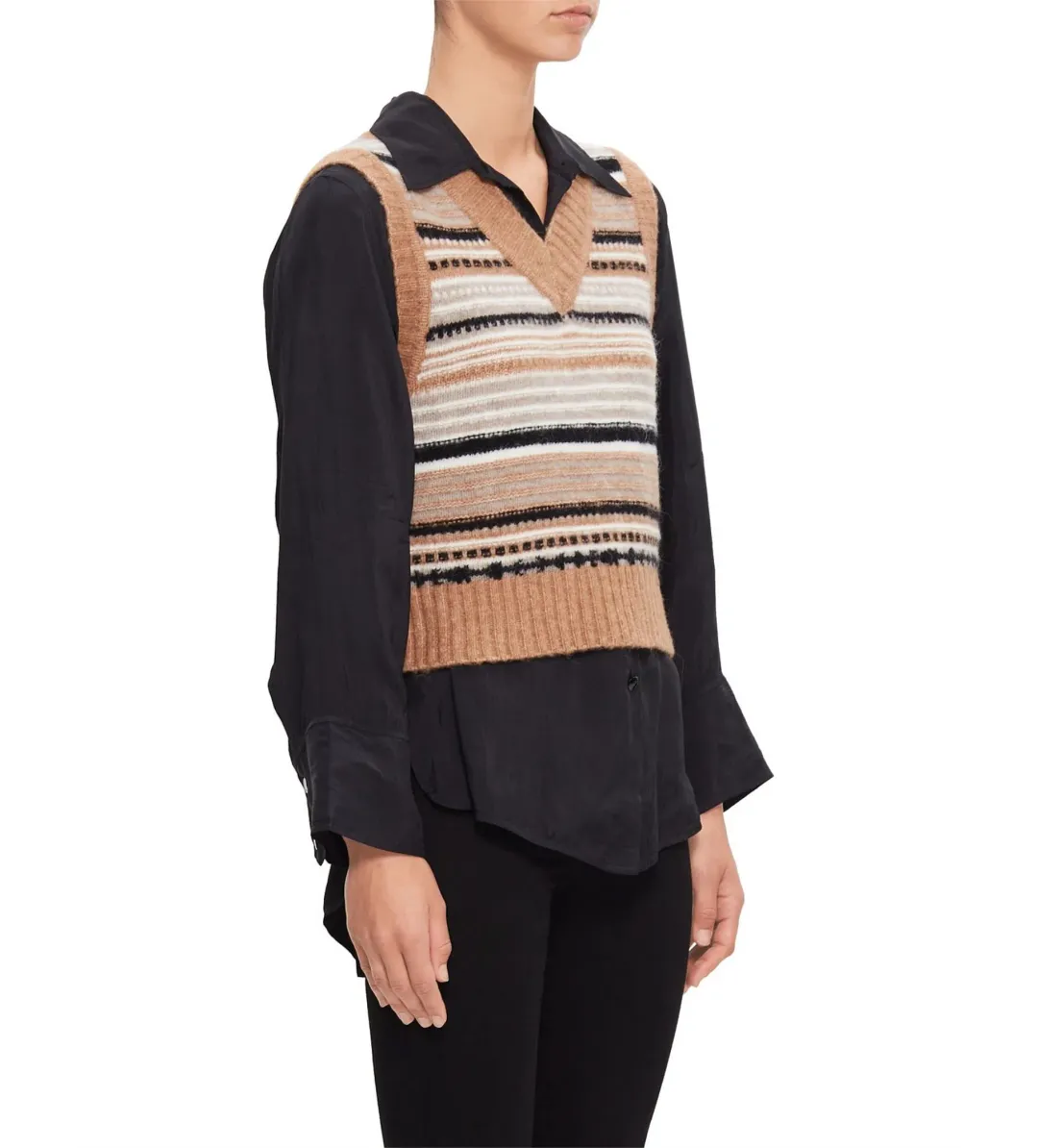 Ganni V-Neck Soft Wool Stripe Sleeveless Vest Size L/ AU 12 for rent on The Volte - main image