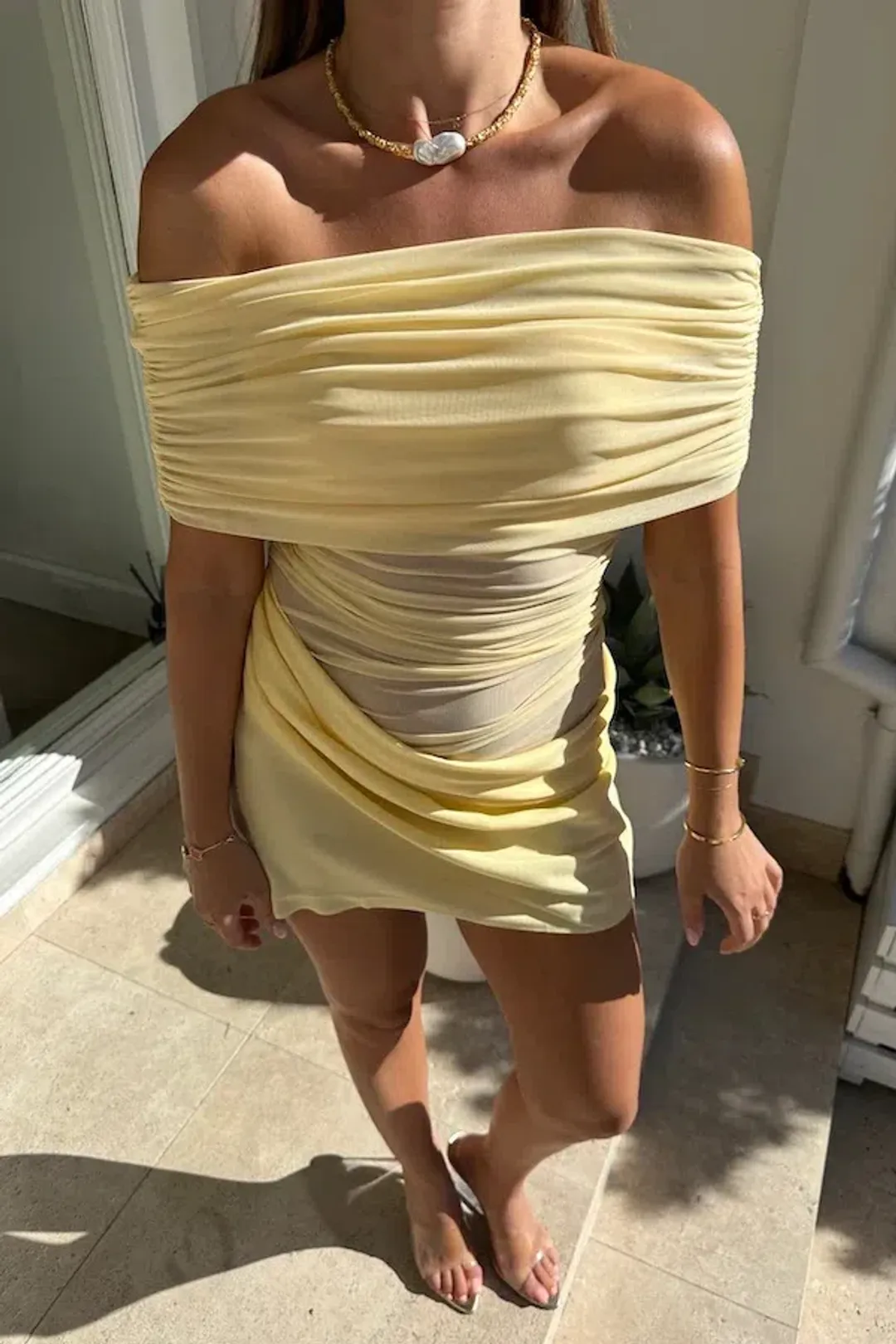 Benni Nico Off Shoulder Mini Dress Butter Size 10 for rent on The Volte - main image