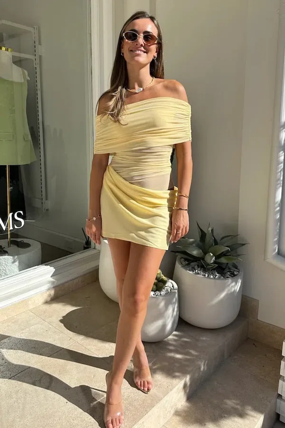 Benni Nico Off Shoulder Mini Dress Butter Size 10 for rent on The Volte - main image