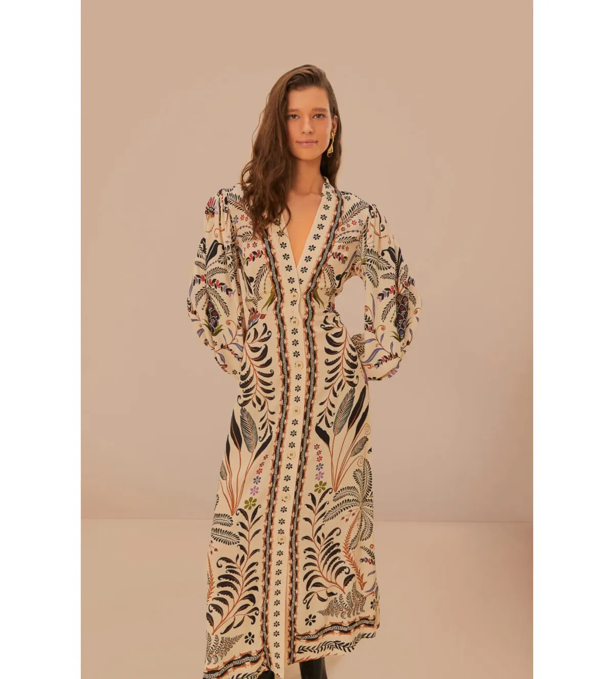 Farm Rio Sand Classic Nature Maxi Dress in Beige Size L/ AU 16 - Image 2