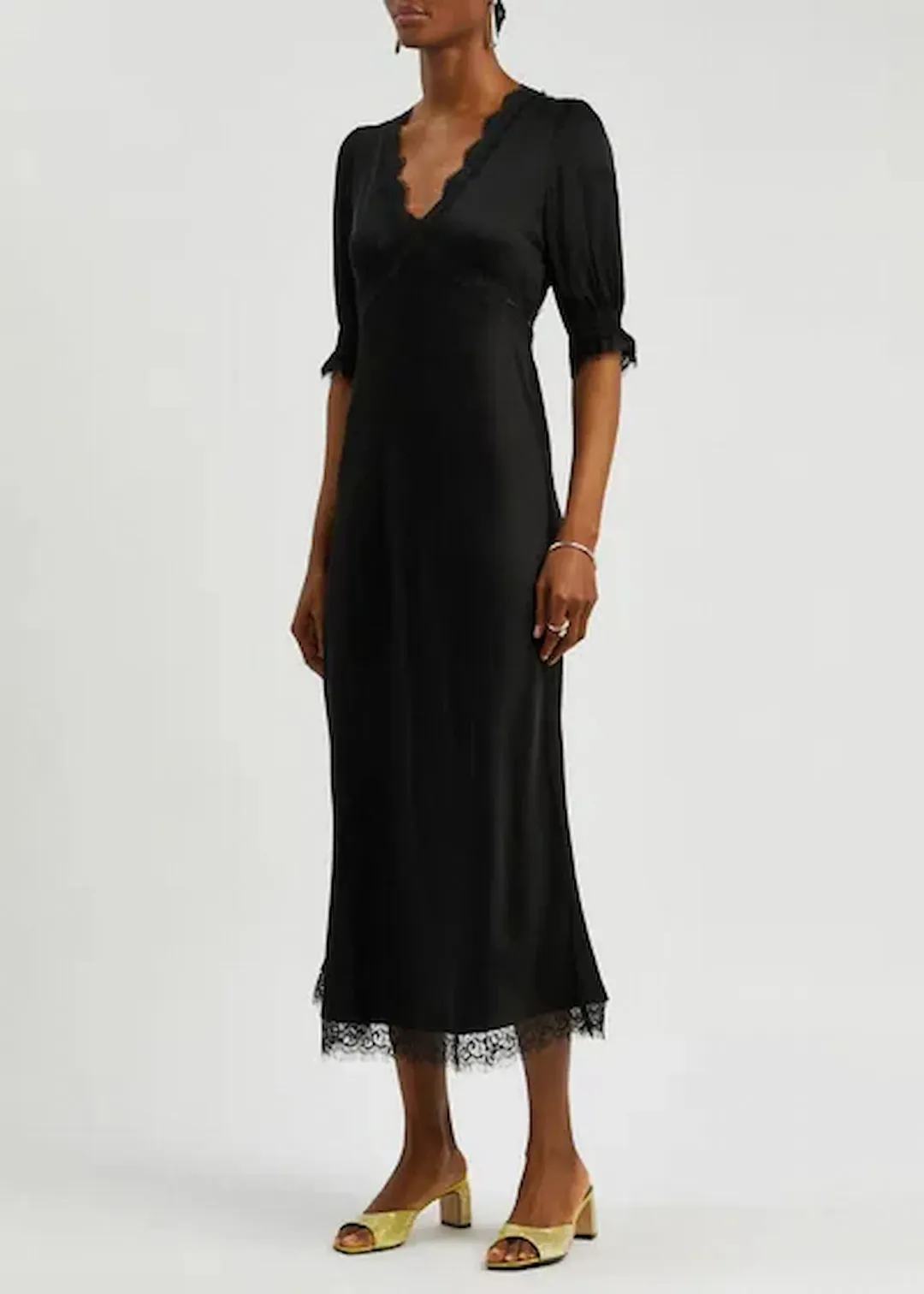 Rixo Annina Satin Midi Dress Black Size AU 12 for rent on The Volte - main image