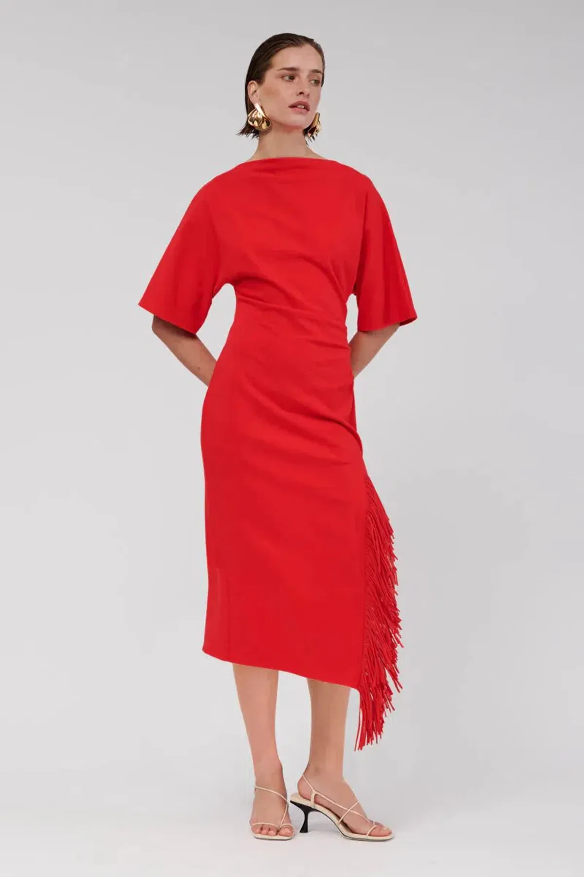 Suboo Carmen Batwing Fringe Maxi Dress Red Size AU 10 - Image 2