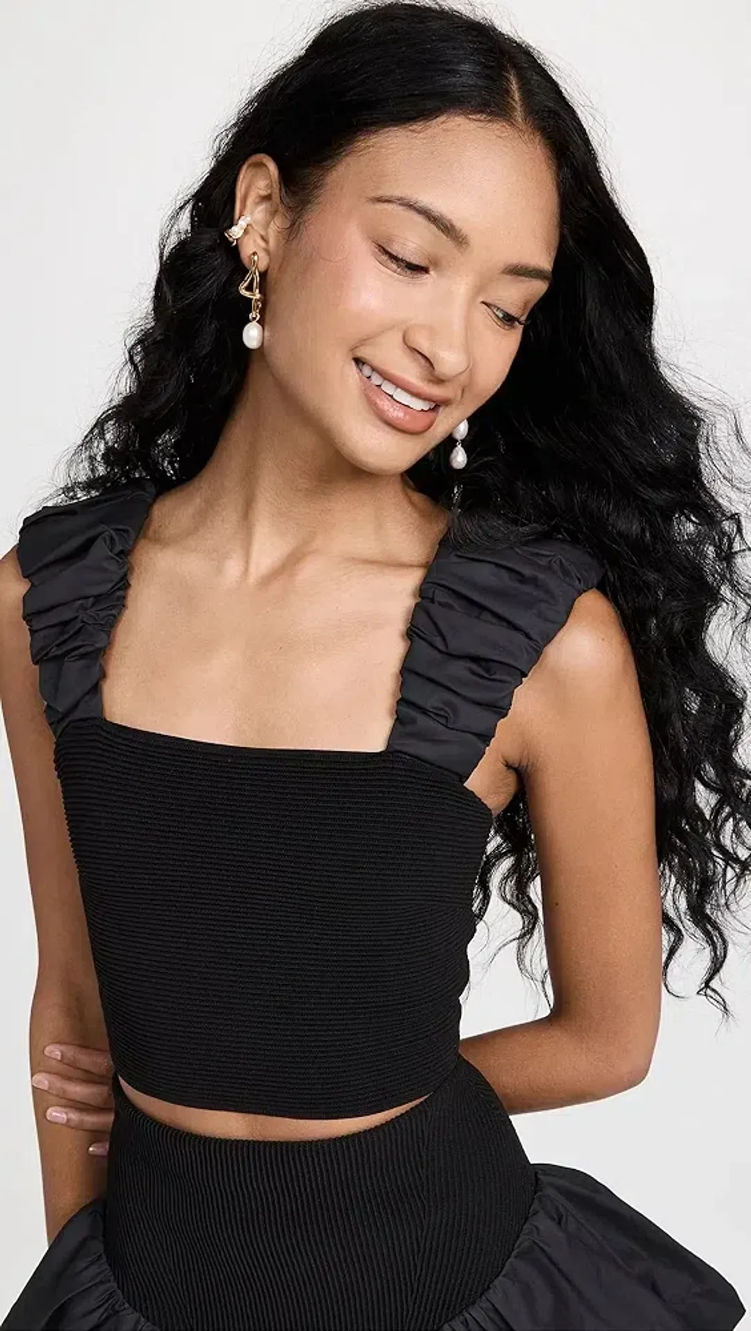 Aje Allard Ruched Strap Knit Top & Turner Bubble Skirt Set Black Size 6 for rent on The Volte - main image