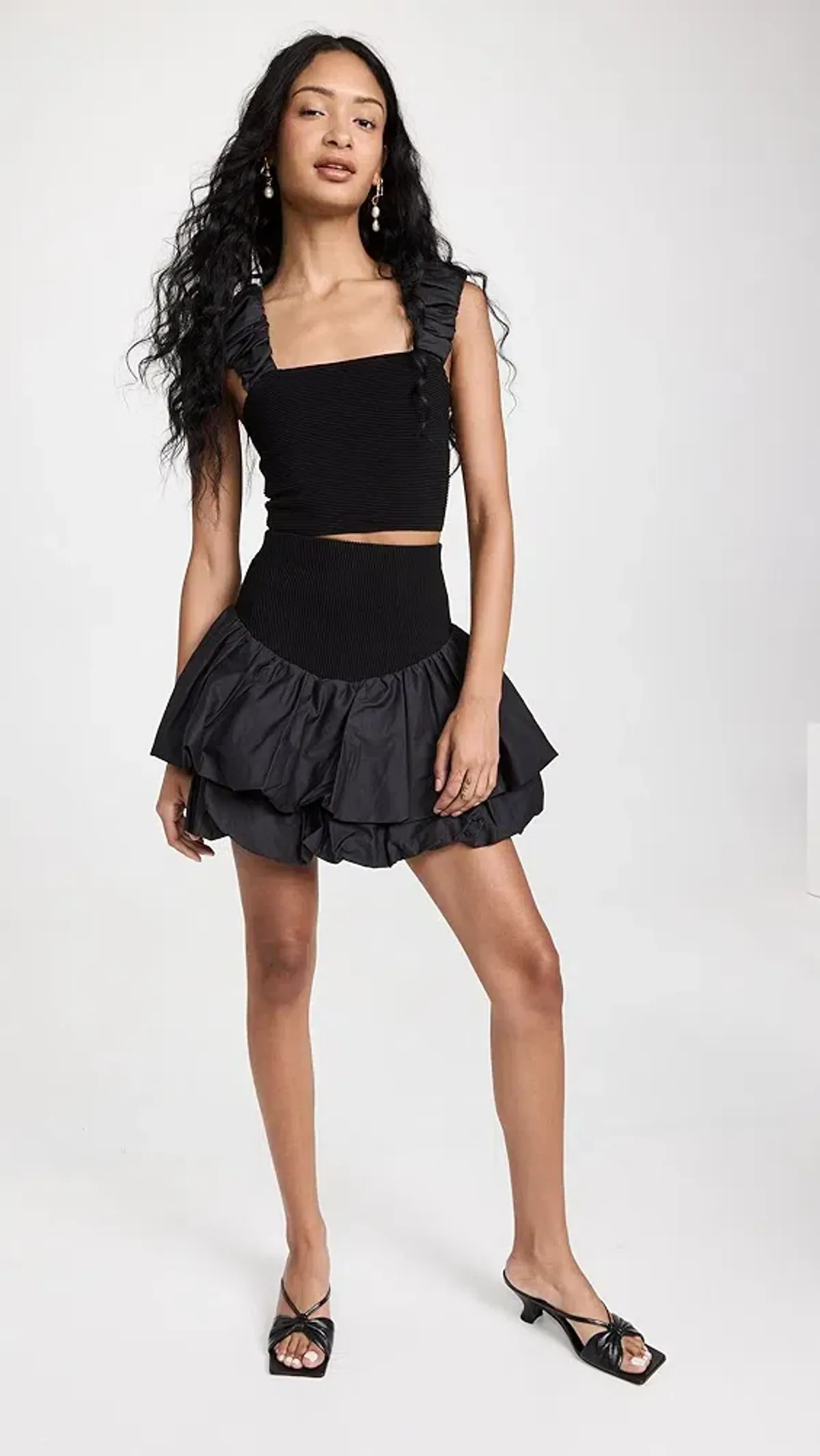 Aje Allard Ruched Strap Knit Top & Turner Bubble Skirt Set Black Size 6 for rent on The Volte - main image