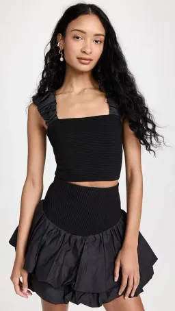 Aje Allard Ruched Strap Knit Top & Turner Bubble Skirt Set Black Size 6 for rent on The Volte - image 2