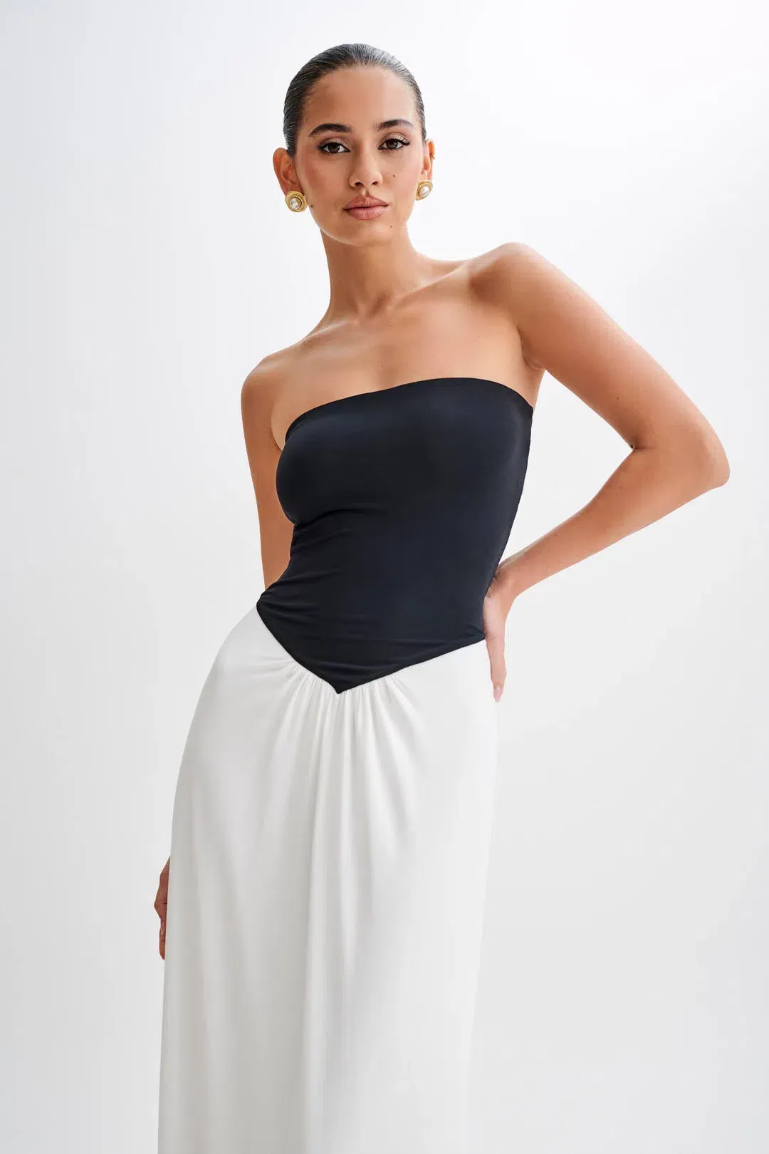 Meshki Ruby Strapless Slinky Maxi Dress White Size 4 for rent on The Volte - main image