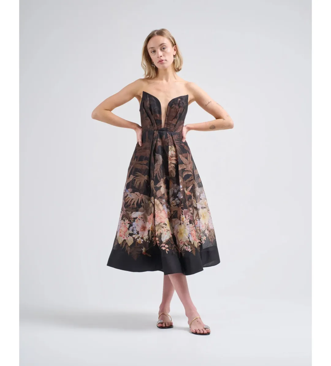 Zimmerman Illuminate Draped Mini Dress Black Tropical Size AU 10 for rent on The Volte - main image