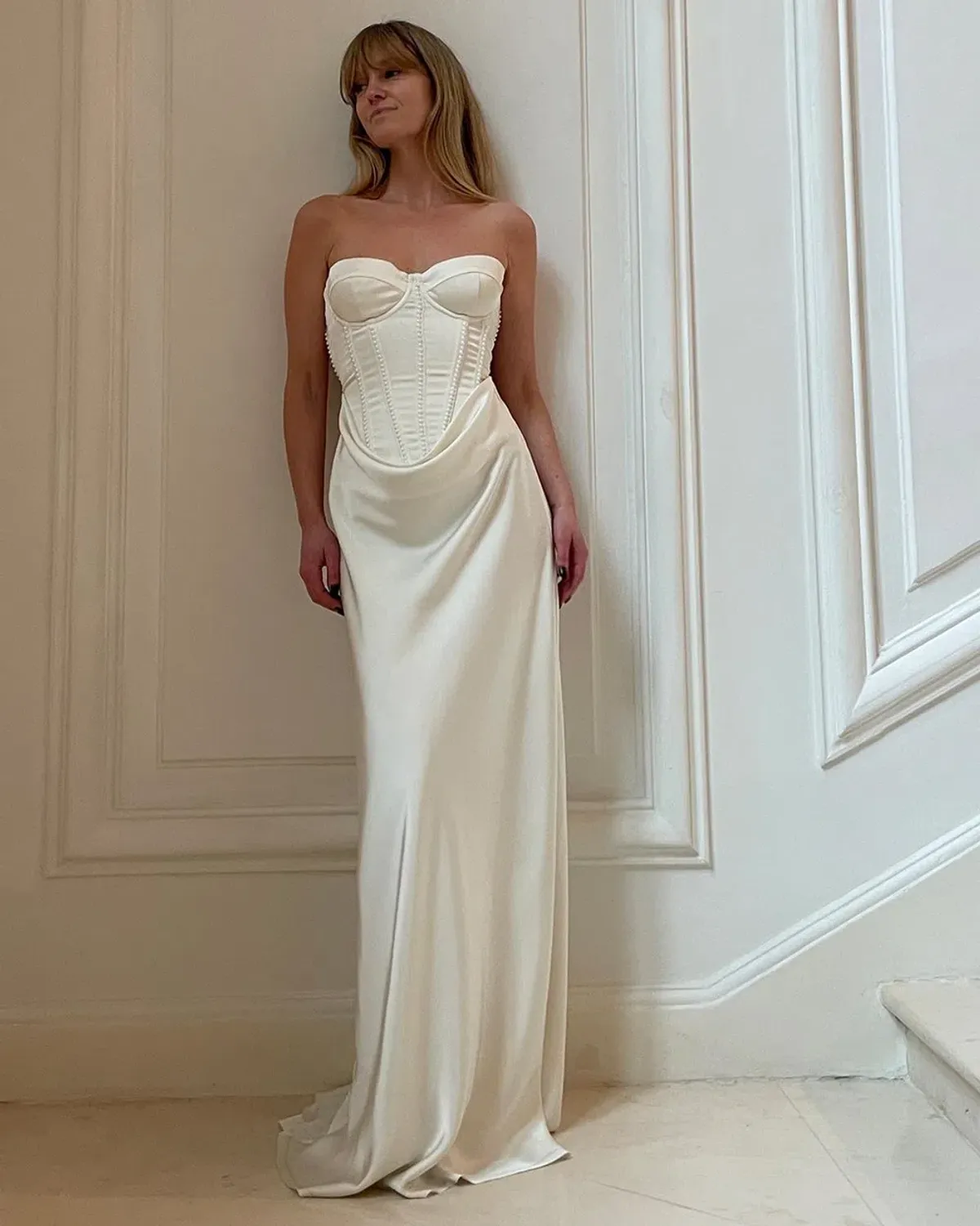 Rotate by Birger Christensen Satin Pearl Corset Dress in White Size 34 / AU 6 - Image 1