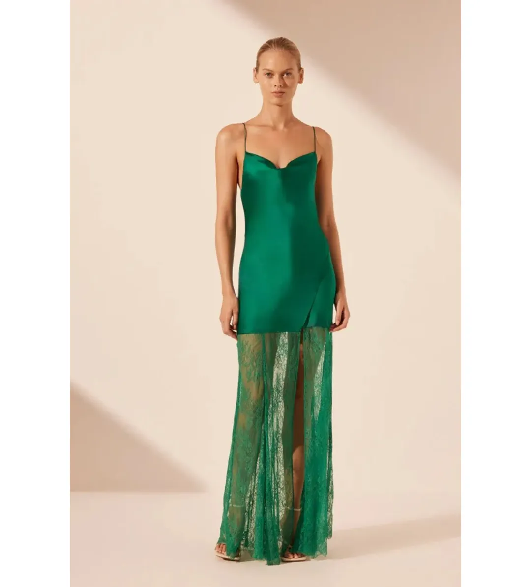 Shona Joy Elle Silk Lace Cowl Maxi Dress Emerald Green Size AU 10 for rent on The Volte - main image
