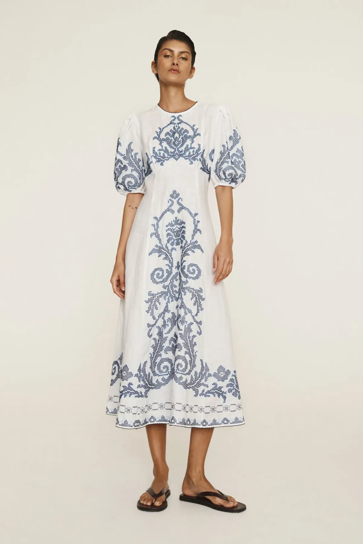 Alemais Hazel Embroidered Midi Dress White Print Size 14 - Image 1