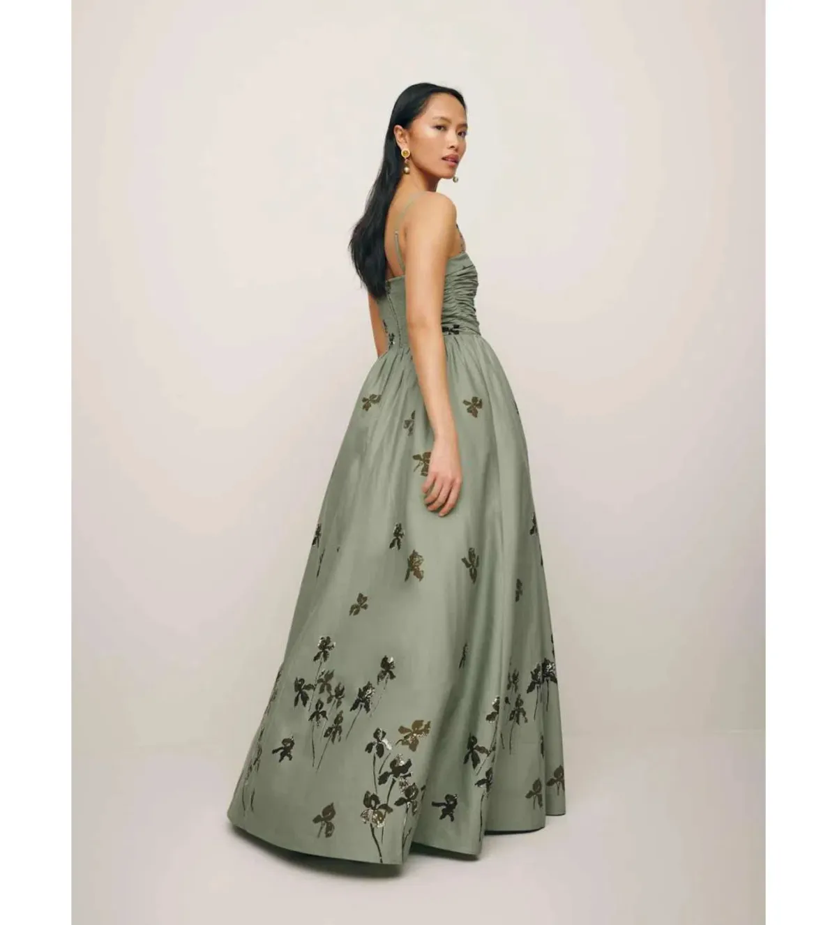 Reformation Kastoria Ruched Maxi Dress in Green/Iris Border Size 0/AU 6 - Image 3