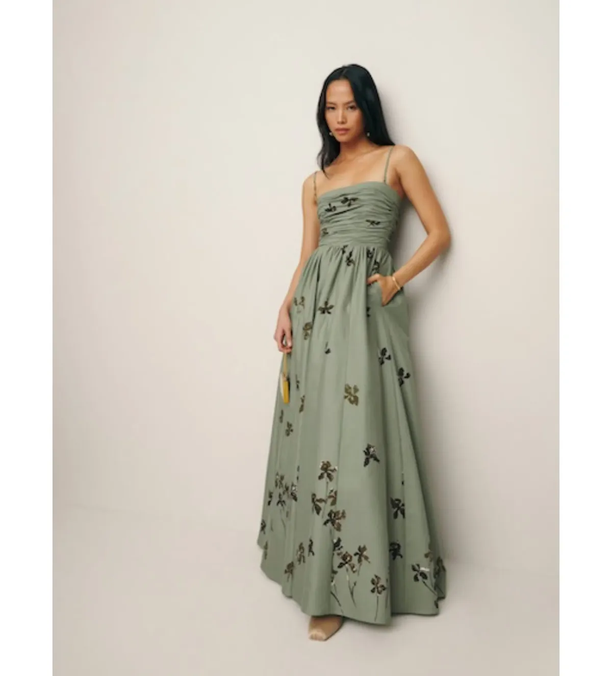 Reformation Kastoria Ruched Maxi Dress in Green/Iris Border Size 0/AU 6 - Image 1