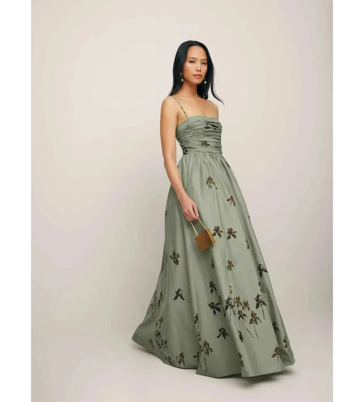 Reformation Kastoria Ruched Maxi Dress in Green/Iris Border Size 0/AU 6 - Image 2