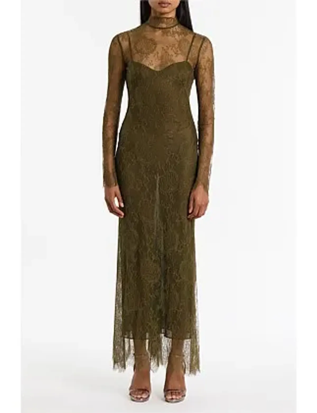 Carla Zampatti Juniper Chantilly Lace Sleeved Gown Olive Size 14 for rent on The Volte - main image