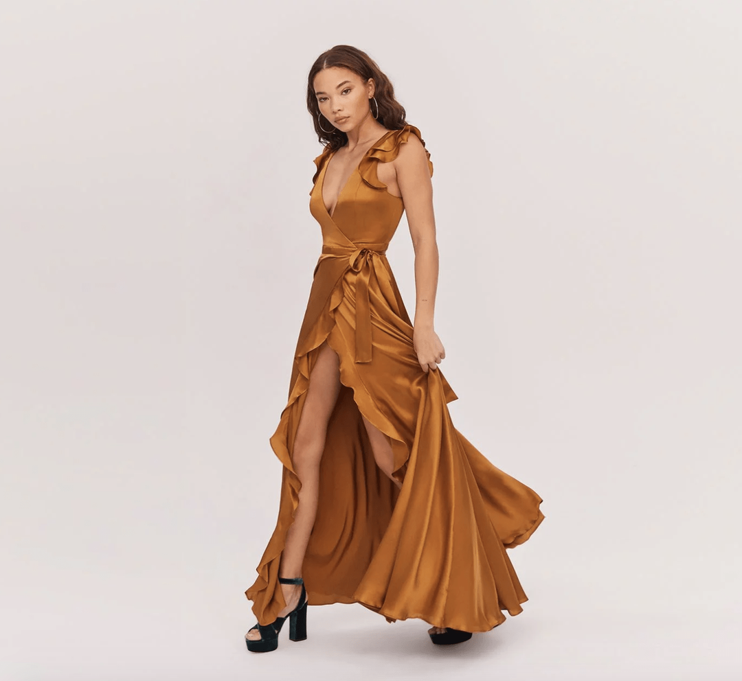 Fame & Partners Silk Wrap Dress in Rust Size 6 for rent on The Volte - main image