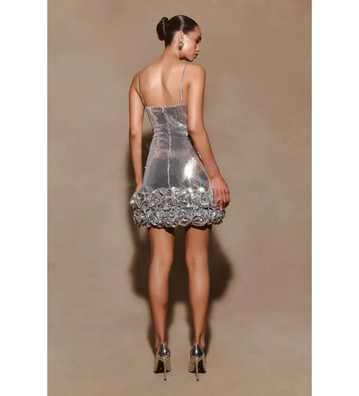 Meshki Faye Sequin Flower Mini Dress Silver Size AU 8 - Image 4