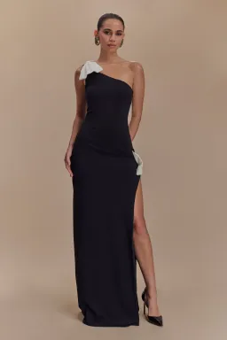 Meshki Hallie One Shoulder Bow Maxi Dress Black/White Size 8 for rent on The Volte - image 1