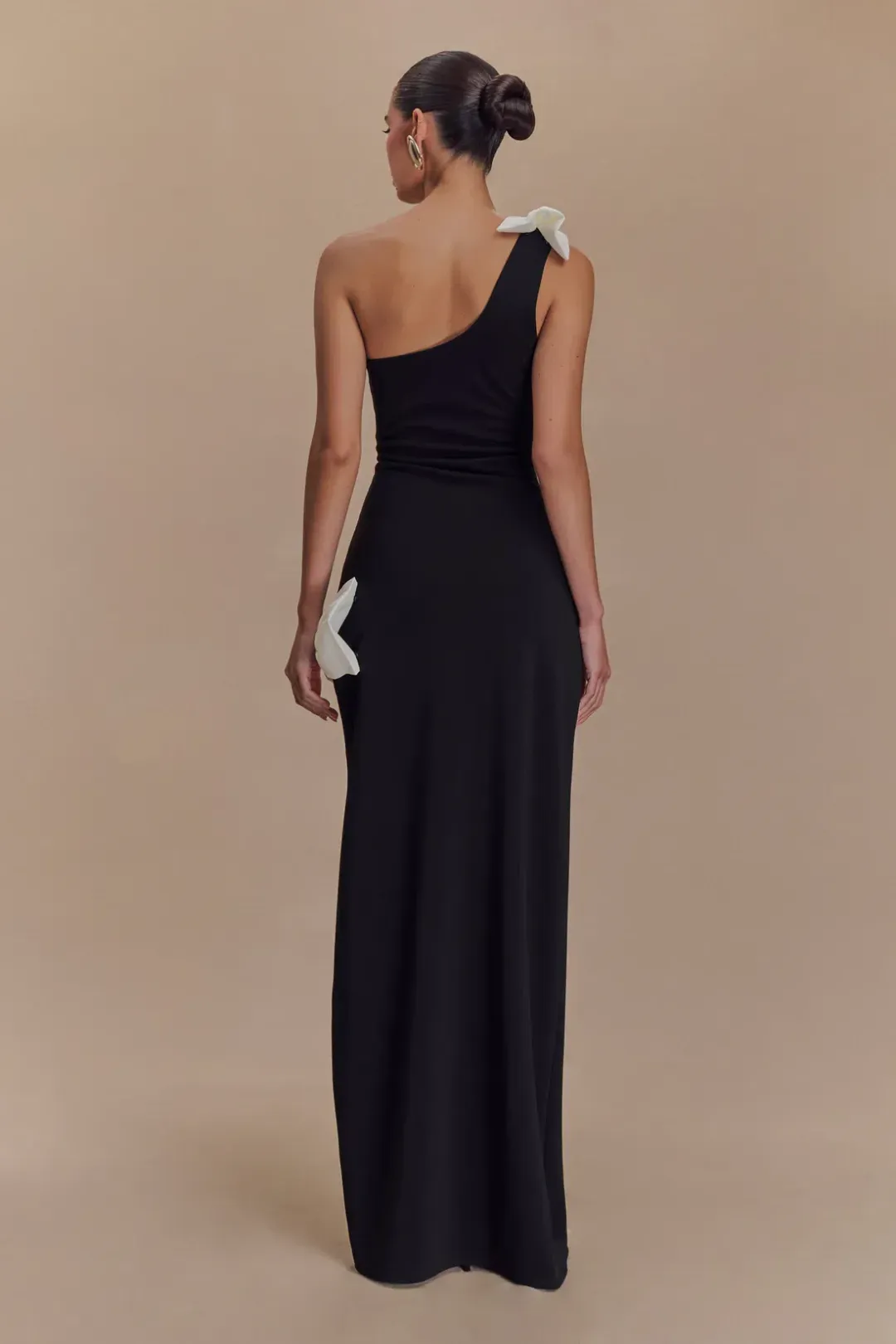 Meshki Hallie One Shoulder Bow Maxi Dress Black/White Size 8 for rent on The Volte - main image