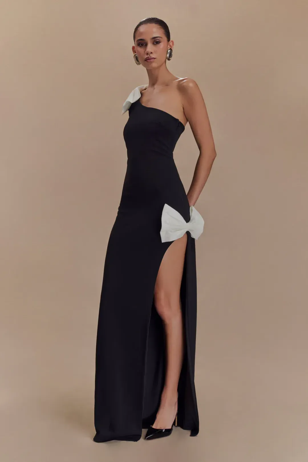 Meshki Hallie One Shoulder Bow Maxi Dress Black/White Size 8 for rent on The Volte - main image