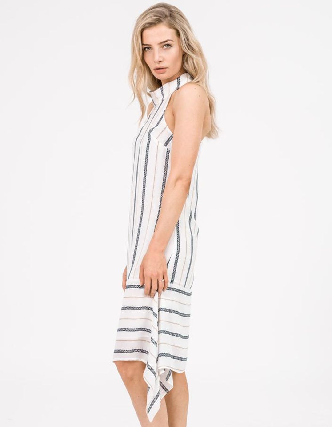 Shona Joy High Neck Handkerchief Dress Navy Gold Stripe Size 8 for rent on The Volte - main image
