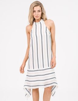 Shona Joy High Neck Handkerchief Dress Navy Gold Stripe Size 8 for rent on The Volte - image 1