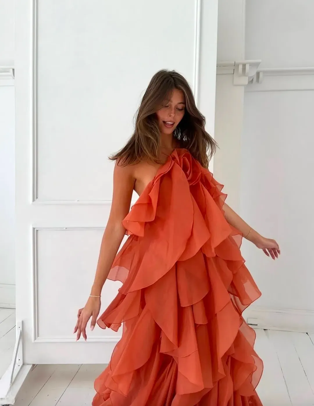 Aje Pandorea Layered Maxi Dress Coral Clay Size 10 for rent on The Volte - main image