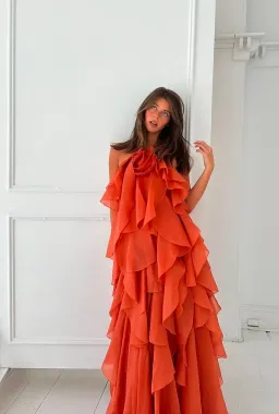 Aje Pandorea Layered Maxi Dress Coral Clay Size 10 for rent on The Volte - image 1