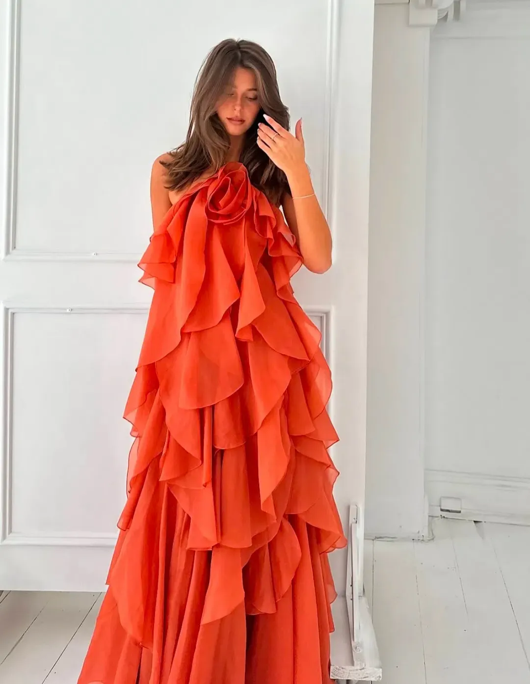 Aje Pandorea Layered Maxi Dress Coral Clay Size 10 for rent on The Volte - main image