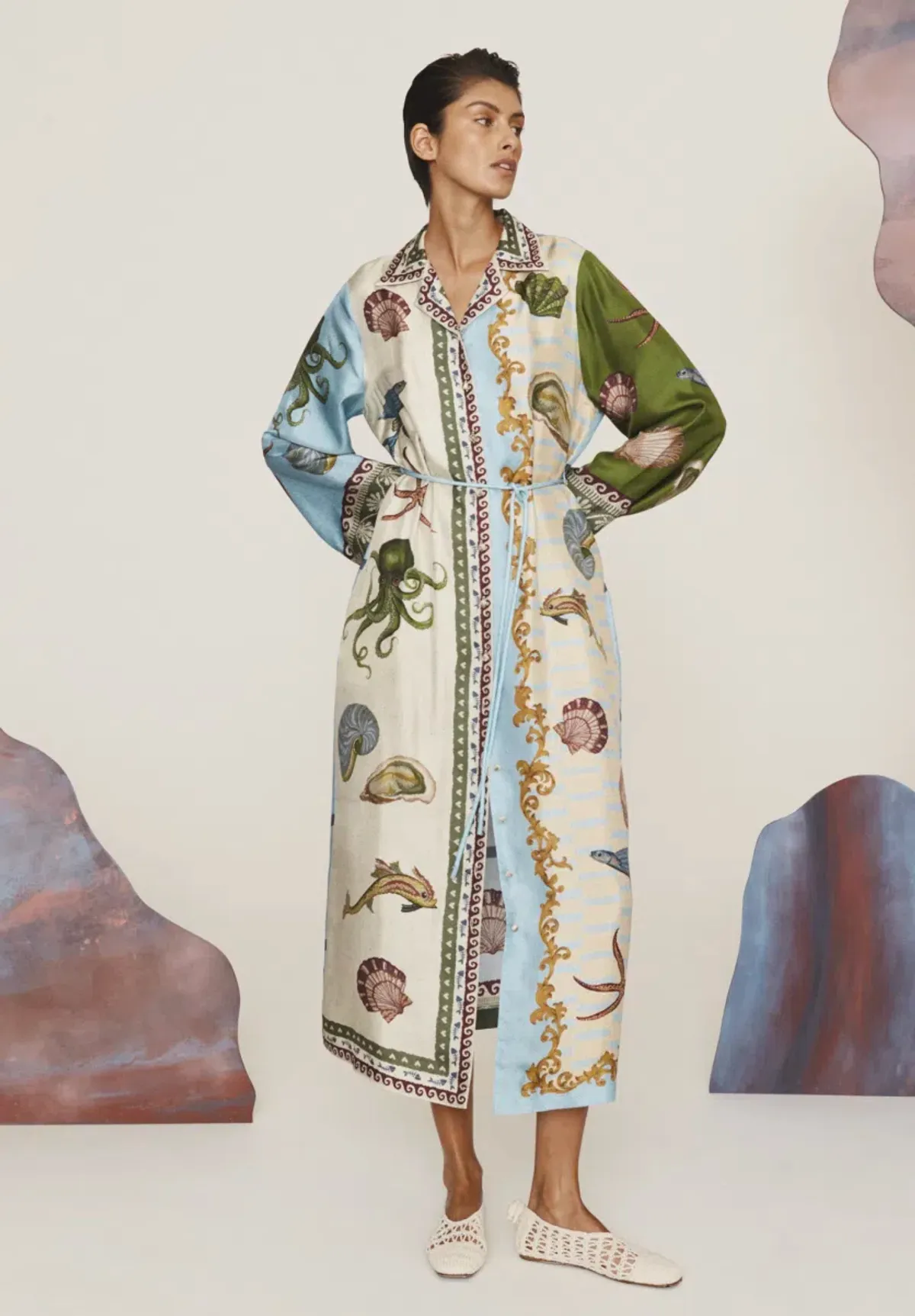 Alémais Bath House Silk Shirtdress Midi Dress Print Size 16 for rent on The Volte - main image