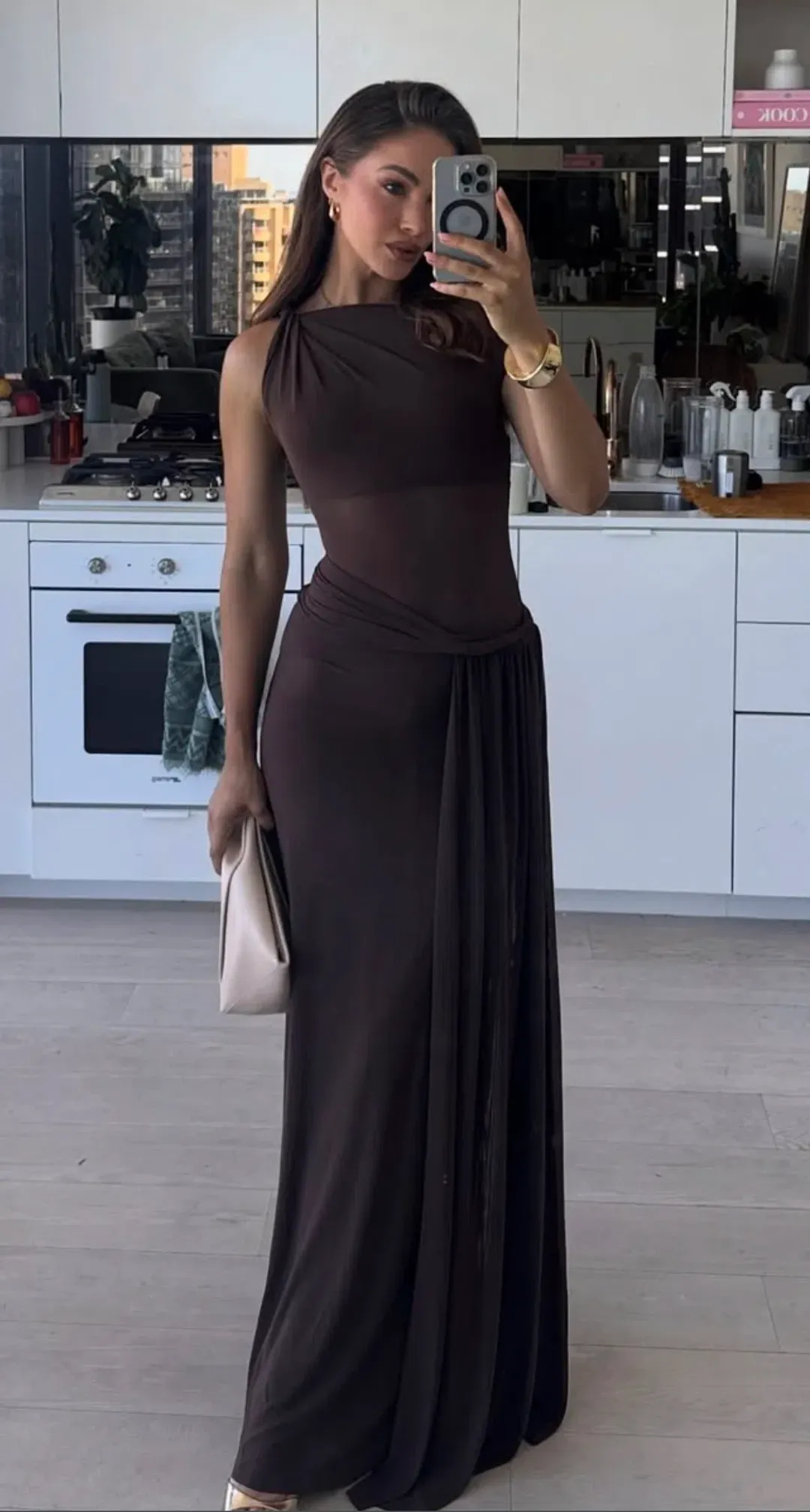 Misha The Sisal Mesh Dress ESPRESSO Size 10 for rent on The Volte - main image