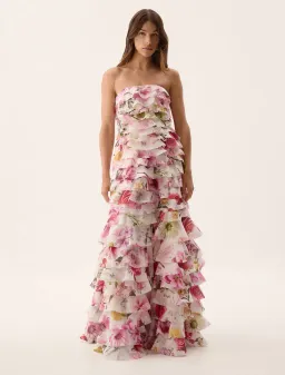 Aje Fleur Pleated Gown Dress Collage Floral Size 10 for rent on The Volte - image 1