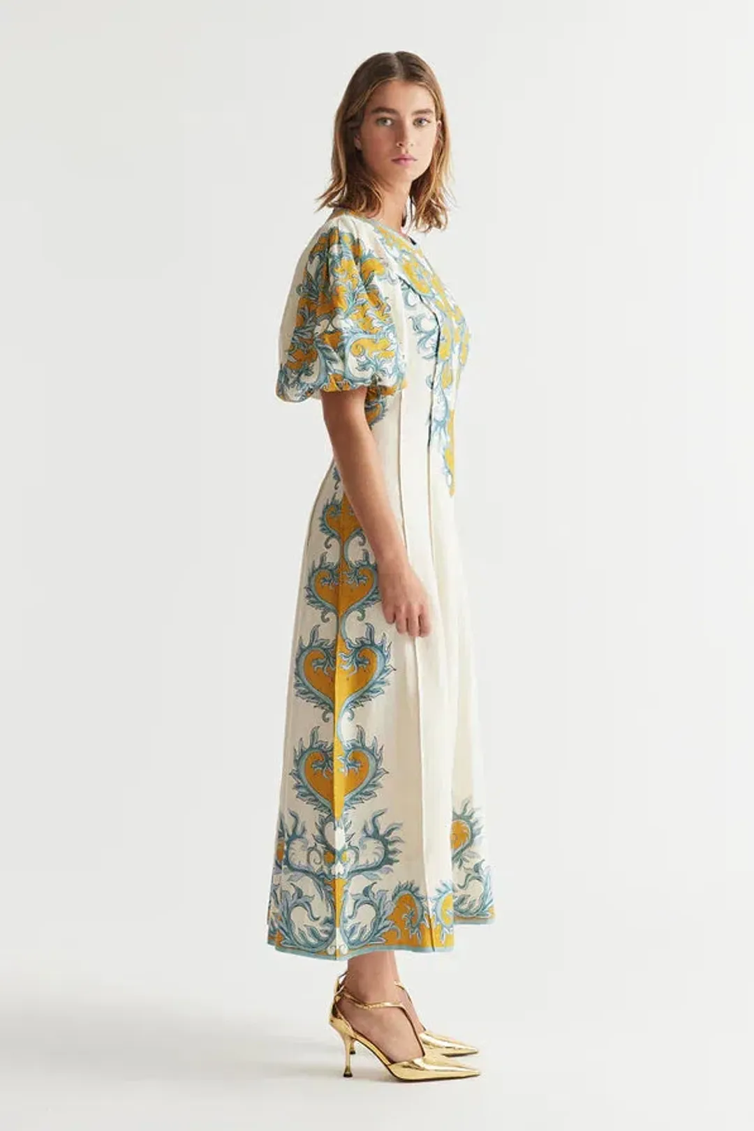 Antipodean Paloma Pin Tuck Dress in Dandelion and Steel Size 10 for rent on The Volte - main image