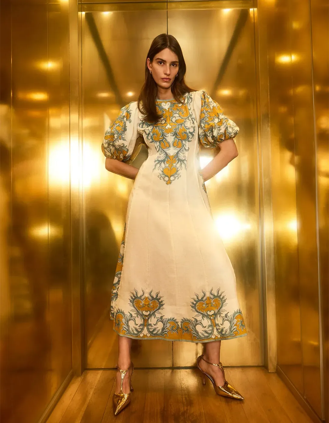 Antipodean Paloma Pin Tuck Dress in Dandelion and Steel Size 10 for rent on The Volte - main image