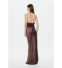 Misha The Celine Satin and Mesh Maxi Dress in Umber Brown Size 8 for rent on The Volte - image 3