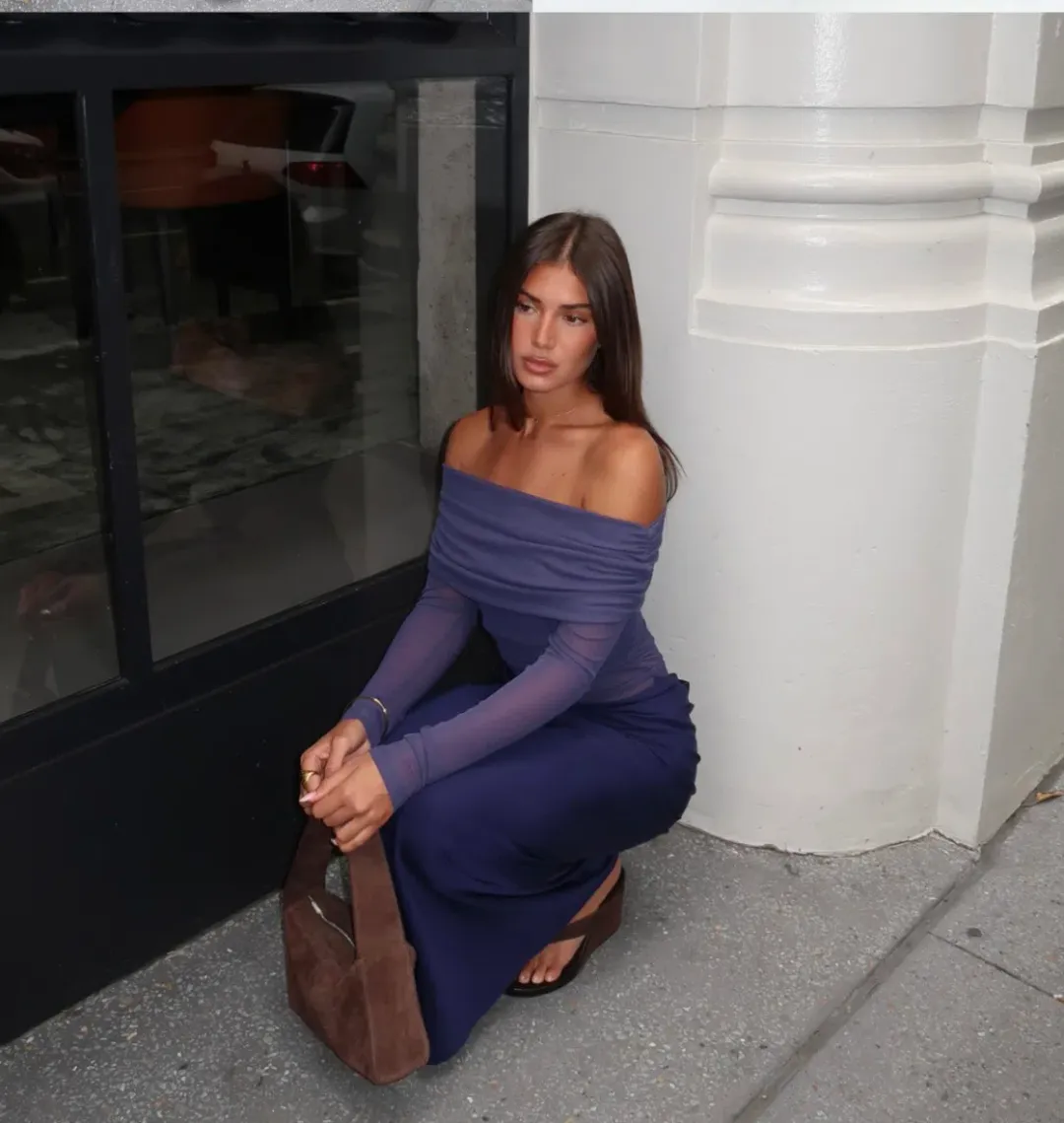 Benni Yasmin Off Shoulder Maxi Dress Navy Size 10 for rent on The Volte - main image