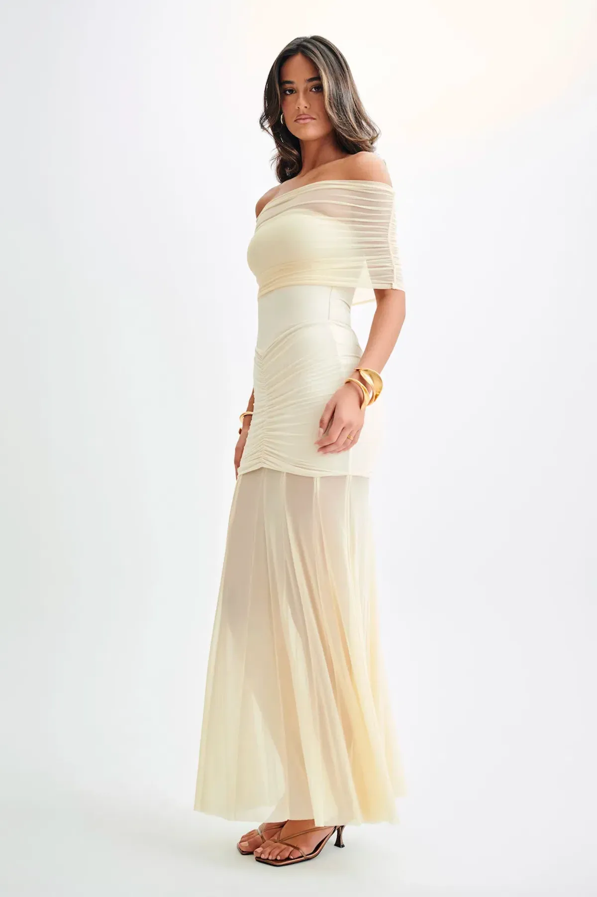 Meshki Caspian Slinky and Mesh Off The Shouleder Dress in Ivory Size AU 6 - Image 1