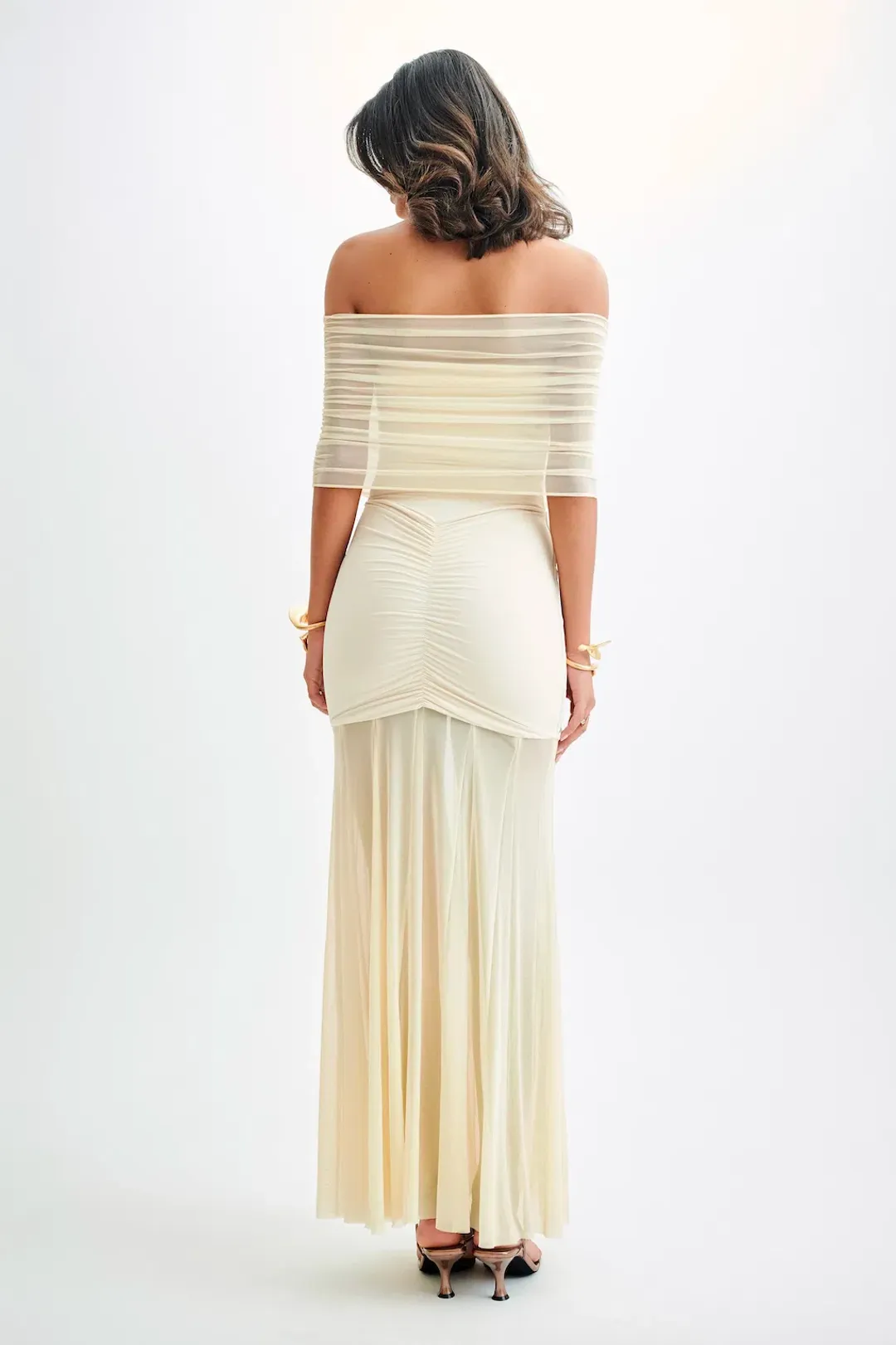 Meshki Caspian Slinky and Mesh Off The Shouleder Dress in Ivory Size AU 6 for rent on The Volte - main image