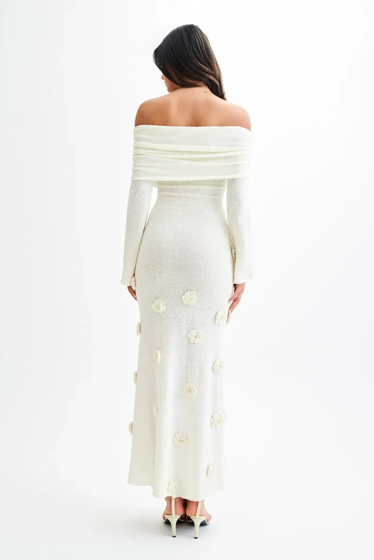 Meshki Kiki Off Shoulder Knit Rose Maxi Dress Ivory Size AU 14 - Image 2