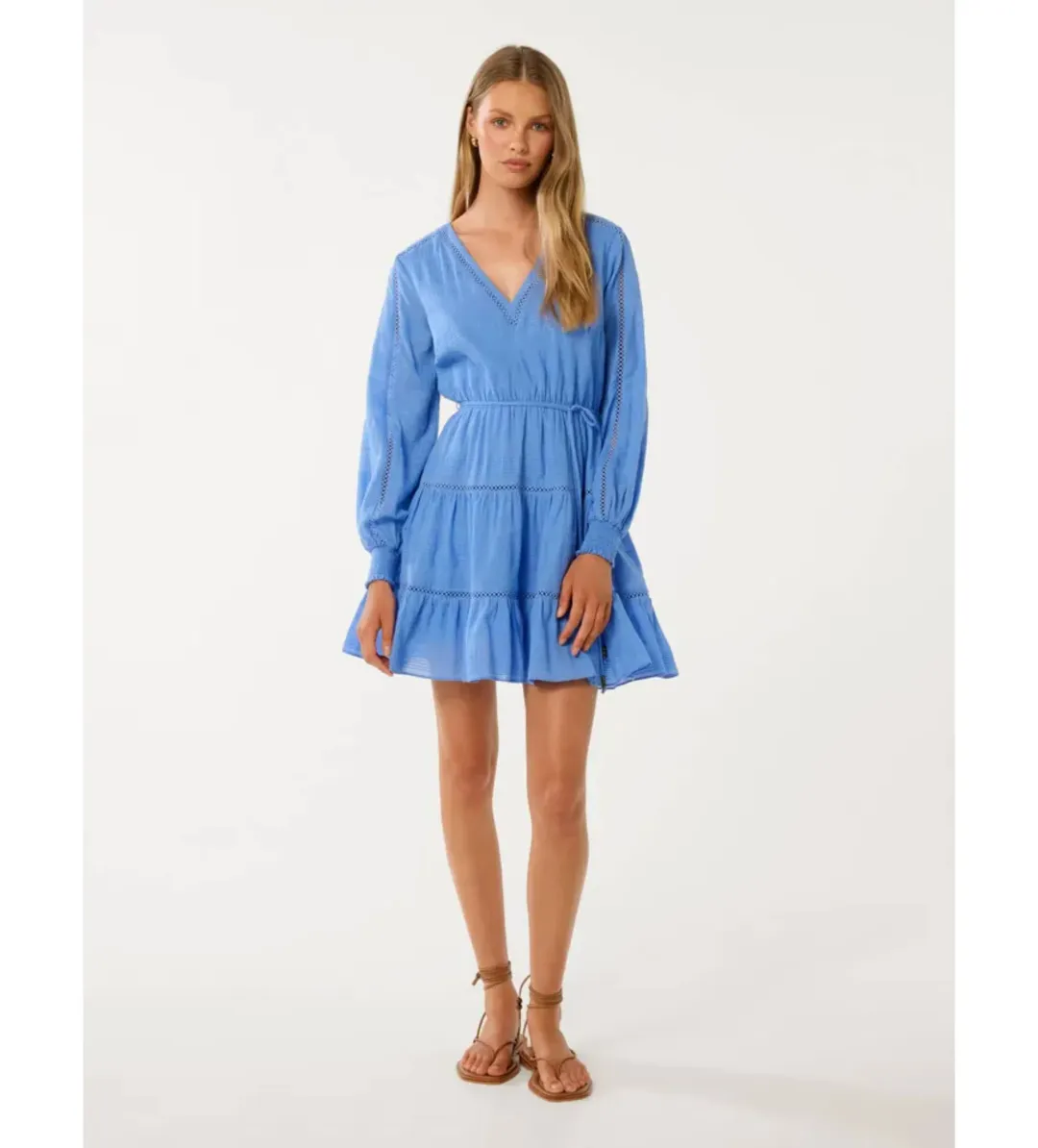Forever New Raini Long-Sleeve Cotton Mini Dress in Blue Lake Size 14 for rent on The Volte - main image