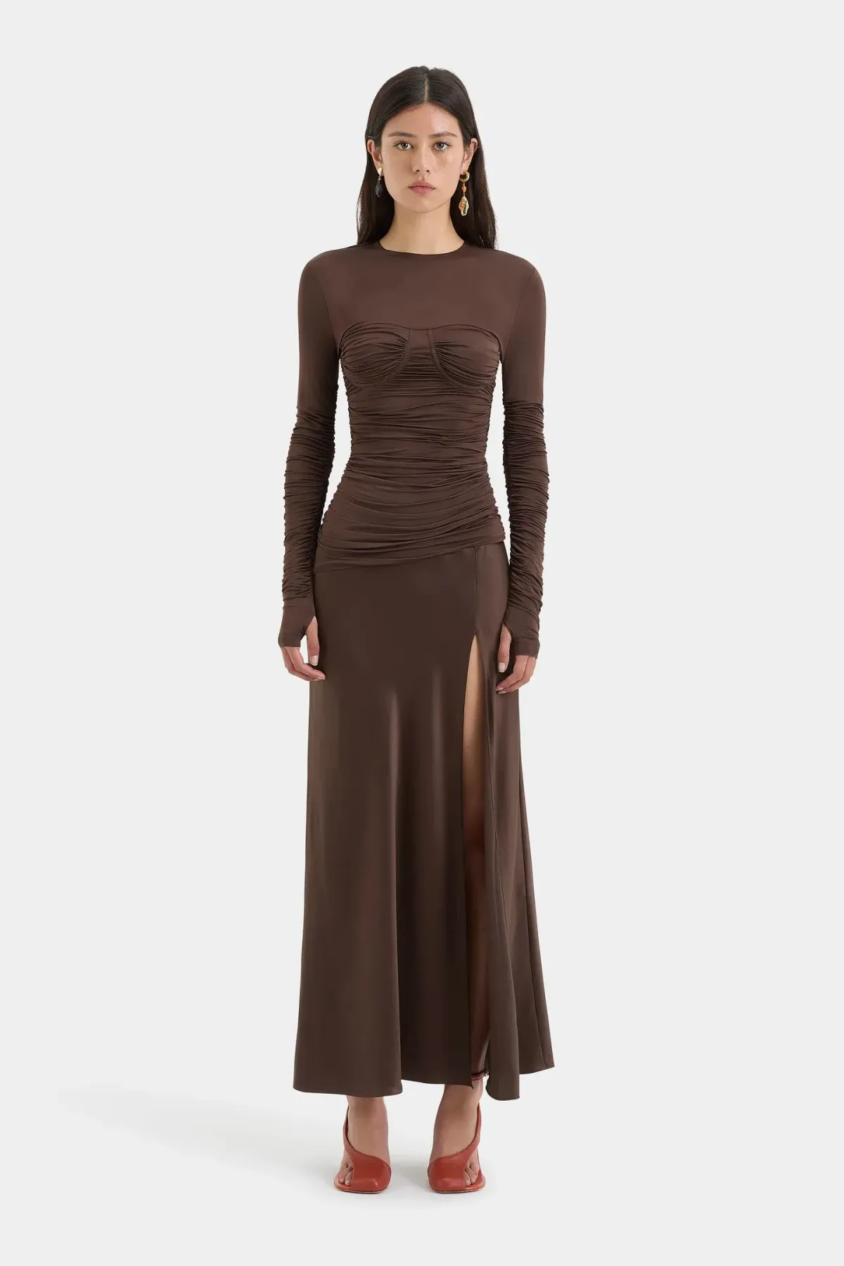 Sir Alessia Draped Jersey Satin Maxi Gown Brown Size 8 - Image 1