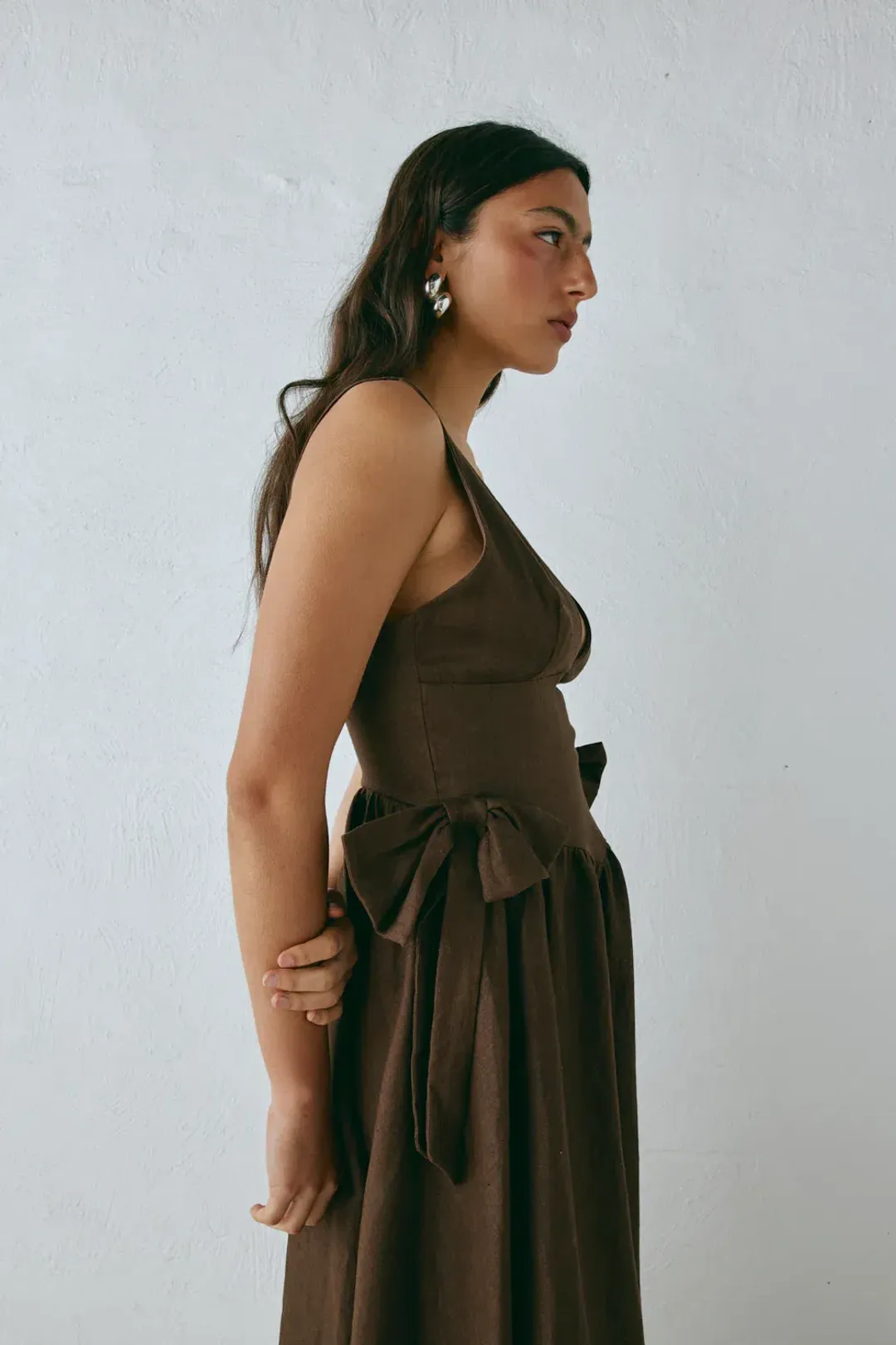 Vrg Grl Daphne Linen Midi Dress Chocolate Size 10-12 for rent on The Volte - main image